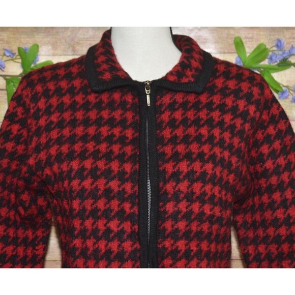 Paul Harris 100% Wool Red Houndstooth Full Zip Cardigan Sweater Size M Retro - Picture 2 of 10